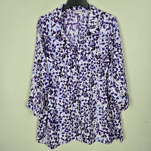 Catherines Womens Floral Button Up Top 2X Purple 3/4 Sleeve Office Career Mature